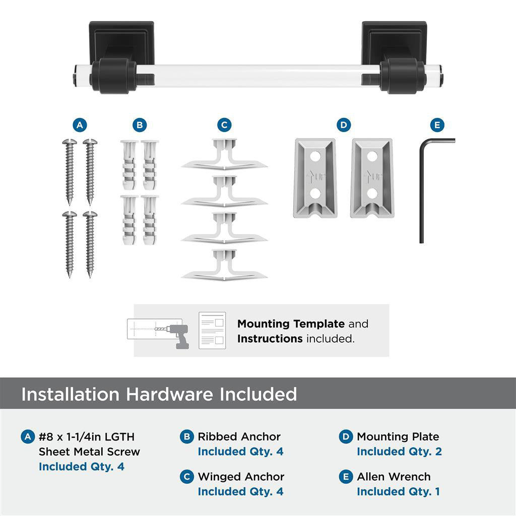 AMEROCK Glacio Towel Bar in Clear and Matte Black 8" BH36065CMB Installation Hardware