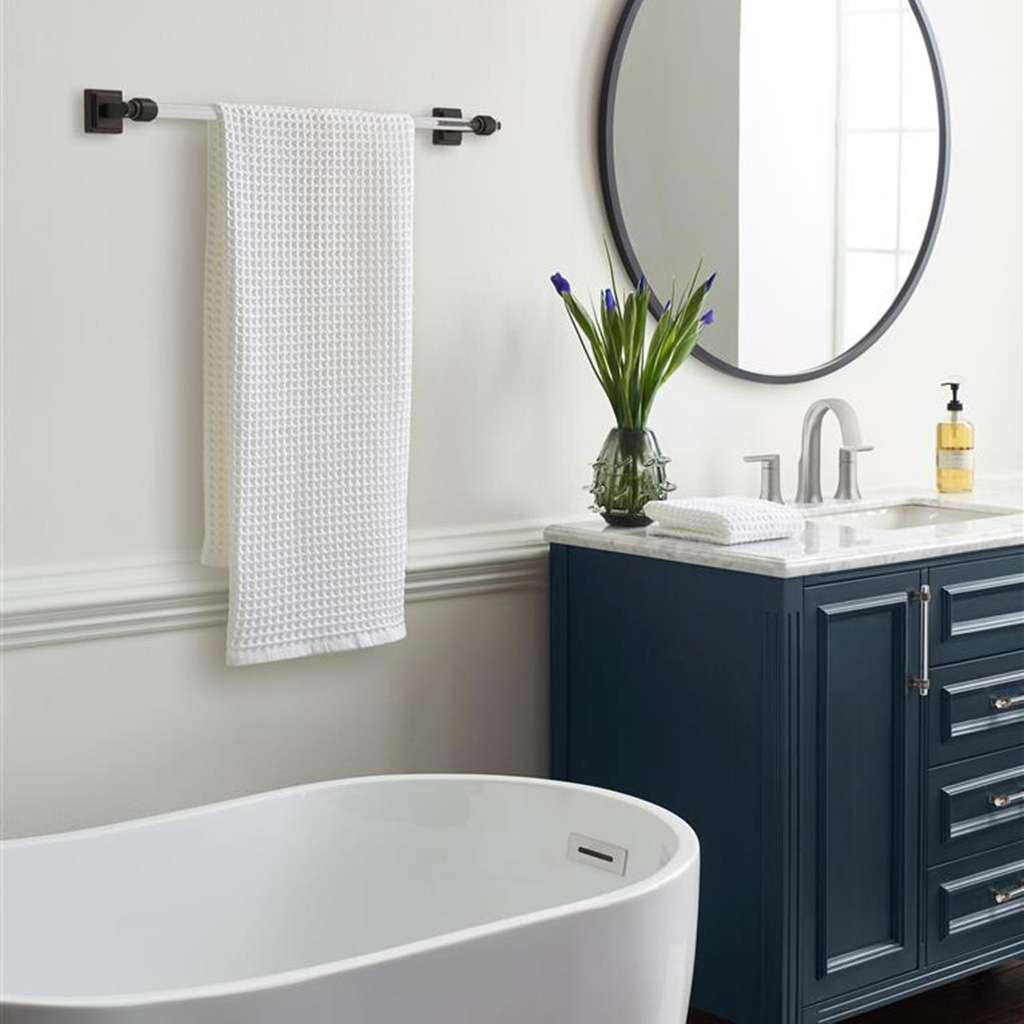 AMEROCK Glacio Towel Bar in Clear and Oil Rubbed Bronze 24" BH36064CORB in Blue Bathroom