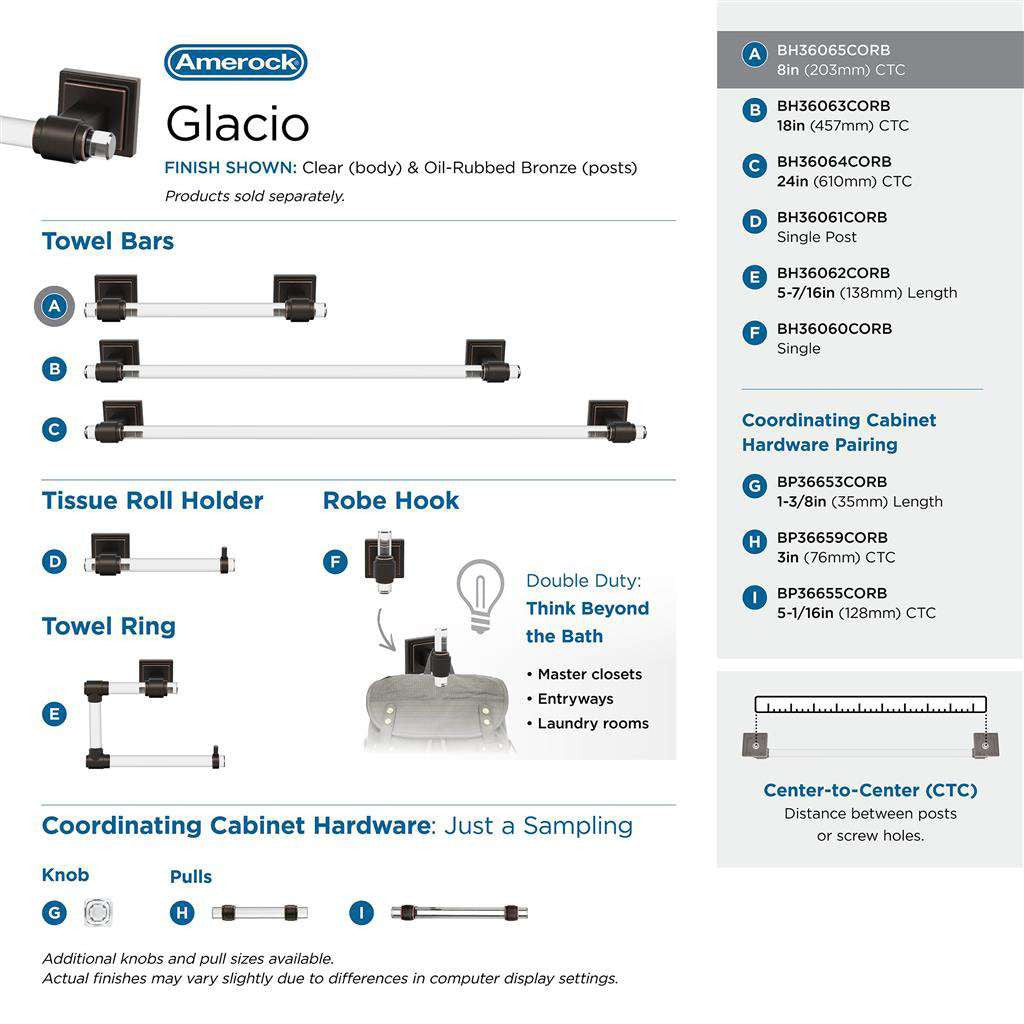 AMEROCK Glacio Towel Bar in Clear and Oil Rubbed Bronze 8" BH36065CORB Collection