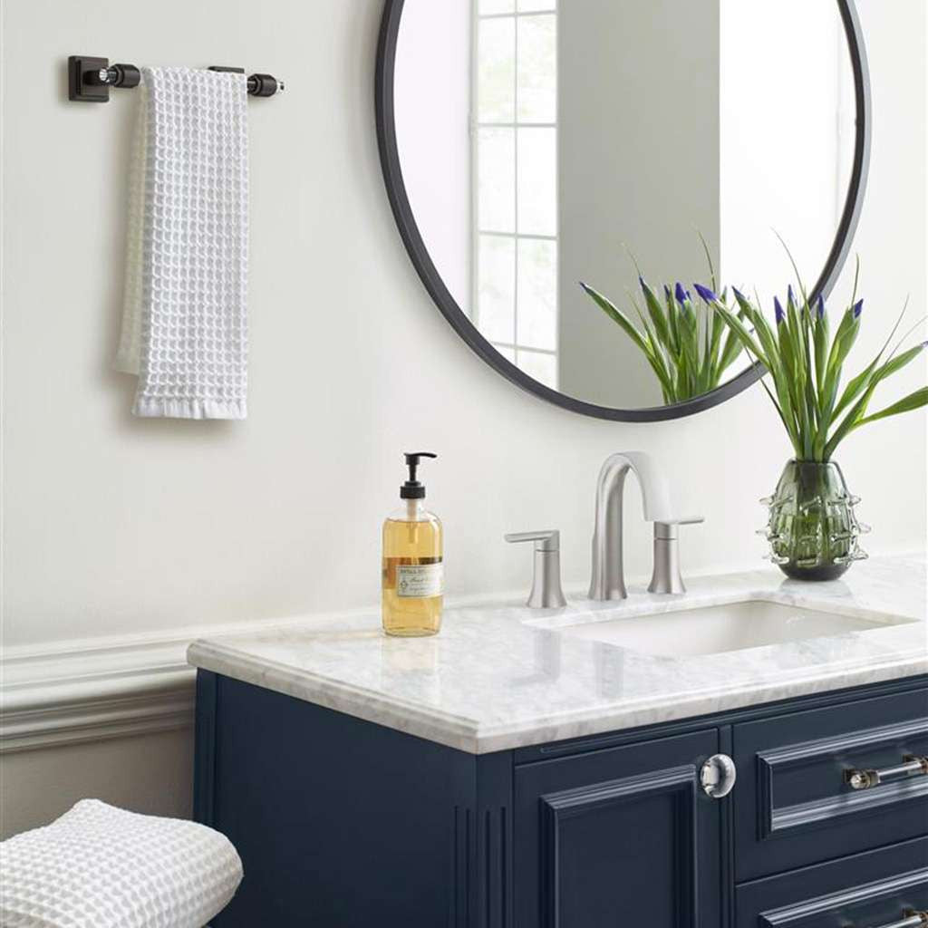 AMEROCK Glacio Towel Bar in Clear and Oil Rubbed Bronze 8" BH36065CORB in Blue Bathroom