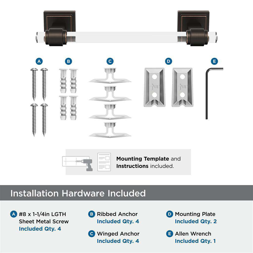 AMEROCK Glacio Towel Bar in Clear and Oil Rubbed Bronze 8" BH36065CORB Installation Hardware