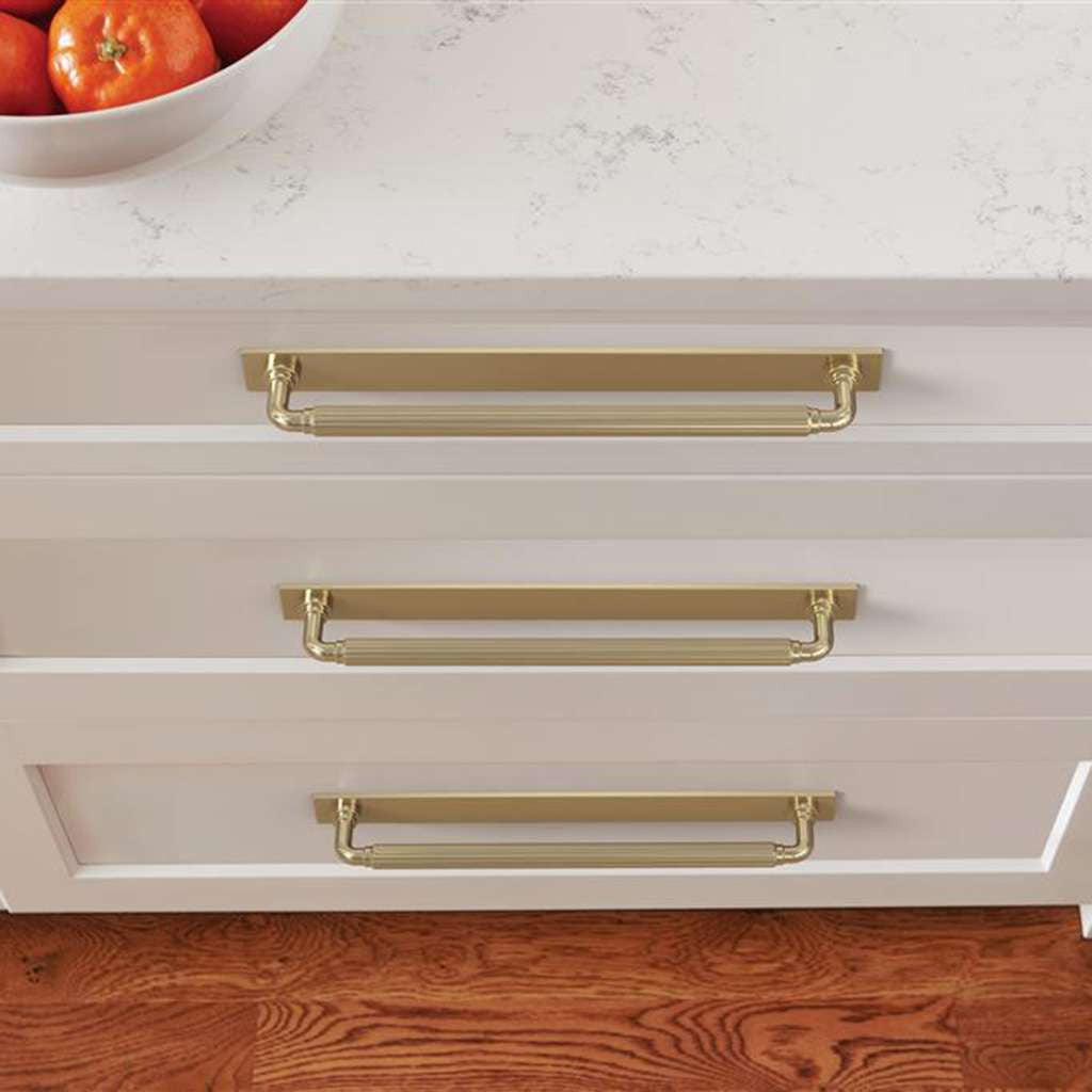 AMEROCK Ladera Rectangle Cabinet Handle Backplate in Golden Champagne 256mm BP37767BBZ Mounted