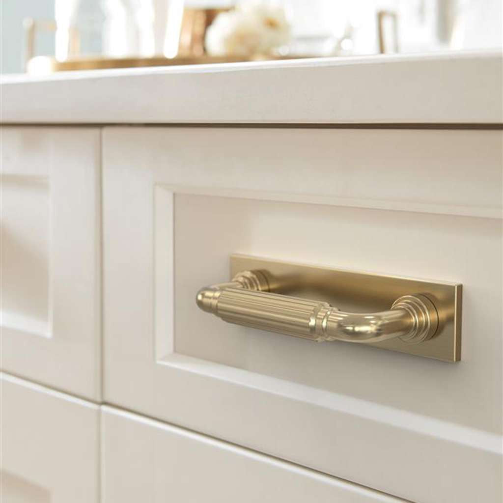 AMEROCK Ladera Rectangle Cabinet Handle Backplate in Golden Champagne 3" BP37761BBZ Mounted