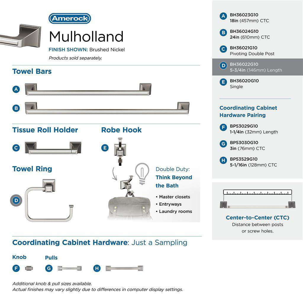 AMEROCK Mulholland 6-13/16" Long Hanging Towel Ring in Brushed Nickel BH36022G10 Collection