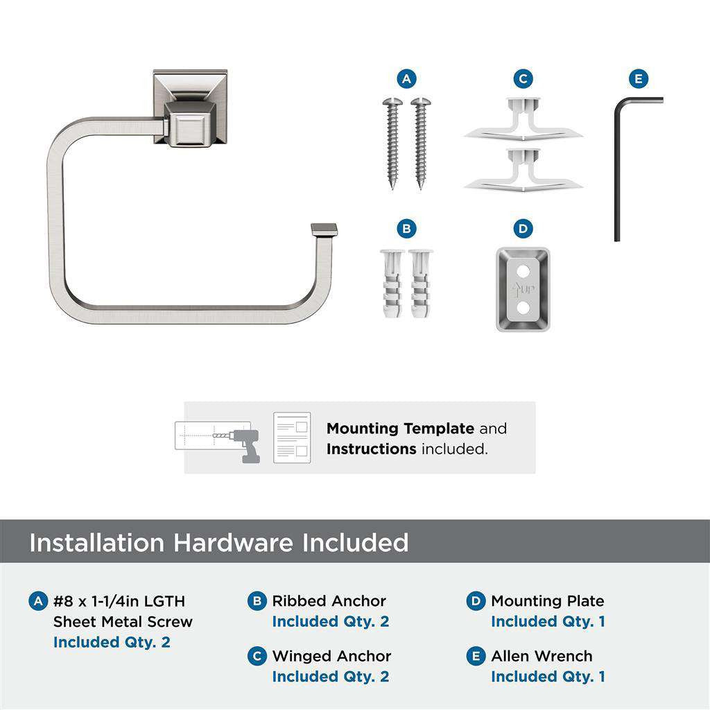 AMEROCK Mulholland 6-13/16" Long Hanging Towel Ring in Brushed Nickel BH36022G10 Installation Hardware