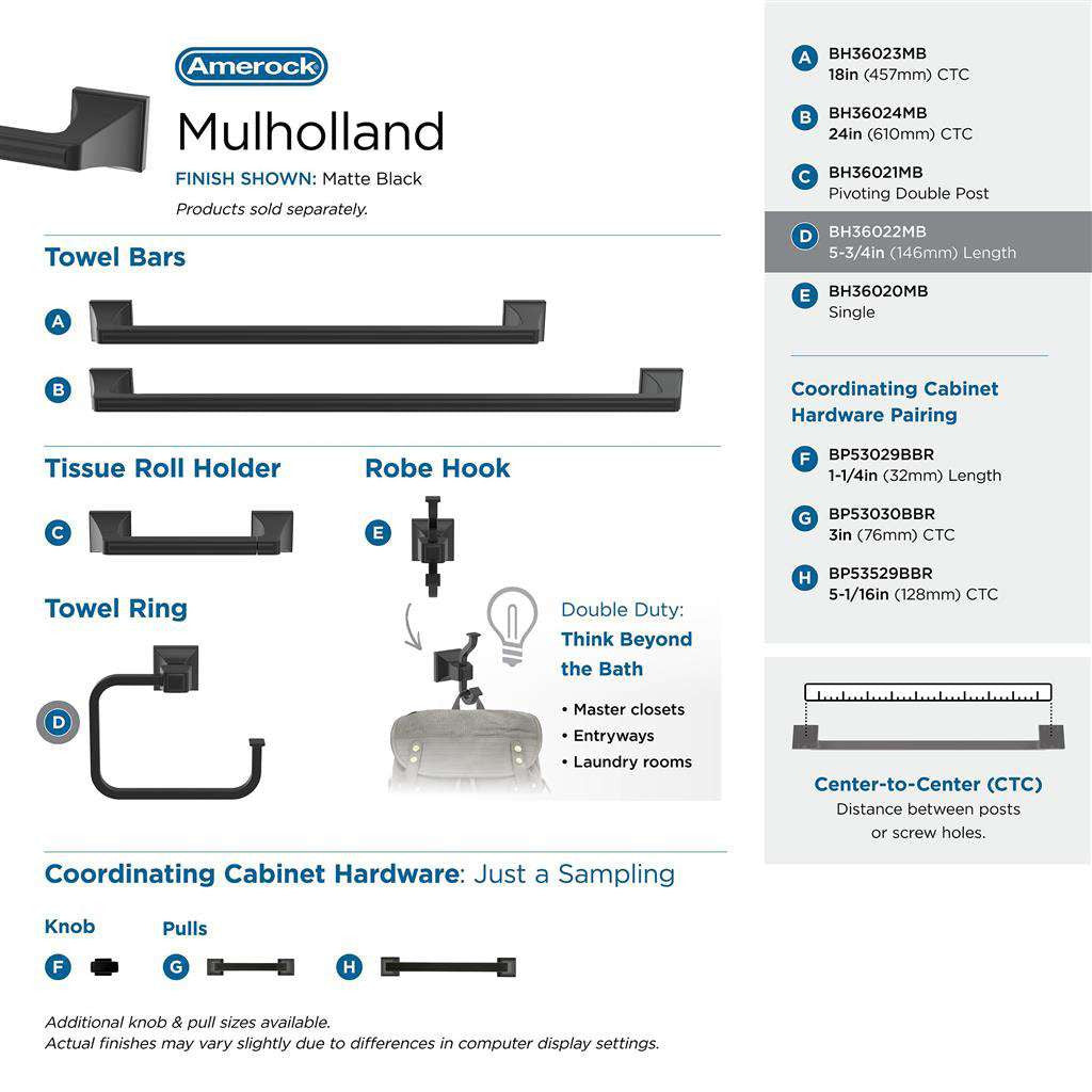 AMEROCK Mulholland 6-13/16" Long Hanging Towel Ring in Matte Black BH36022MB Collection