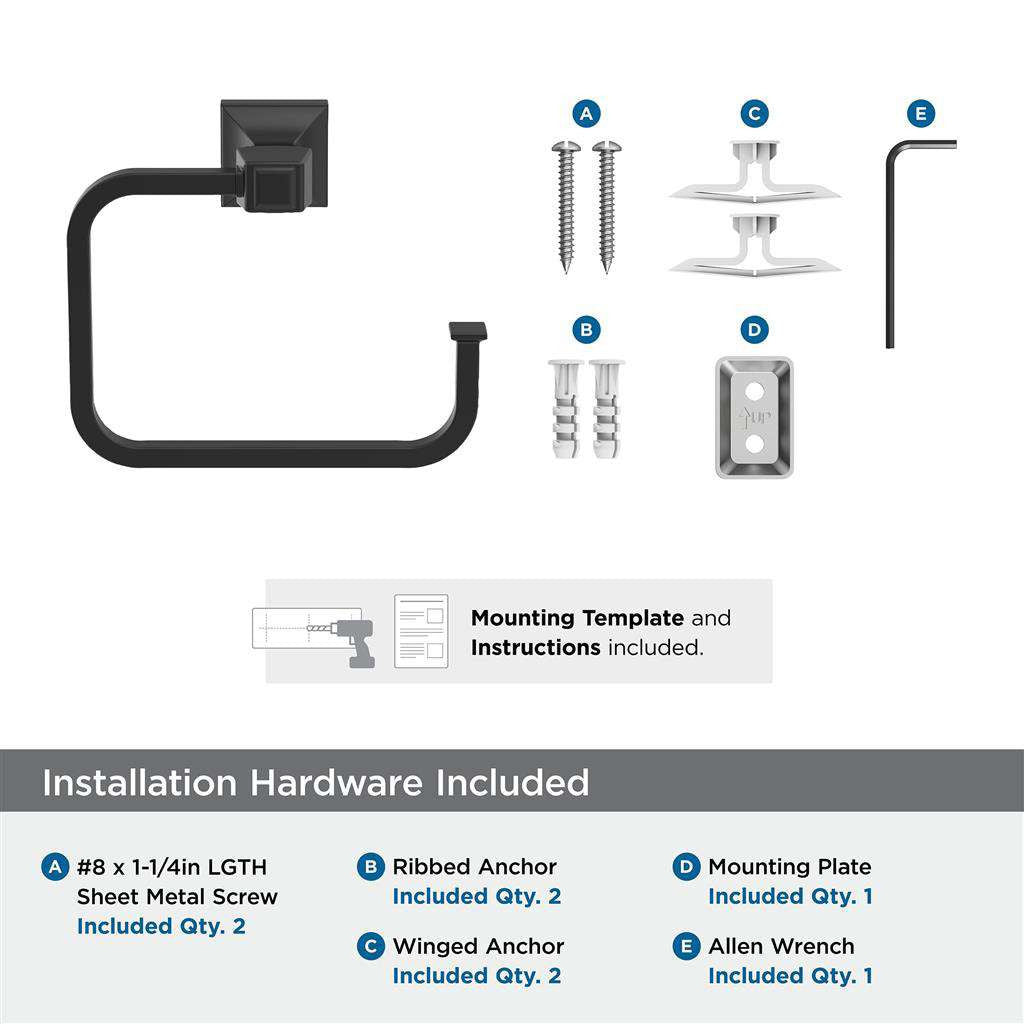 AMEROCK Mulholland 6-13/16" Long Hanging Towel Ring in Matte Black BH36022MB Installation Hardware