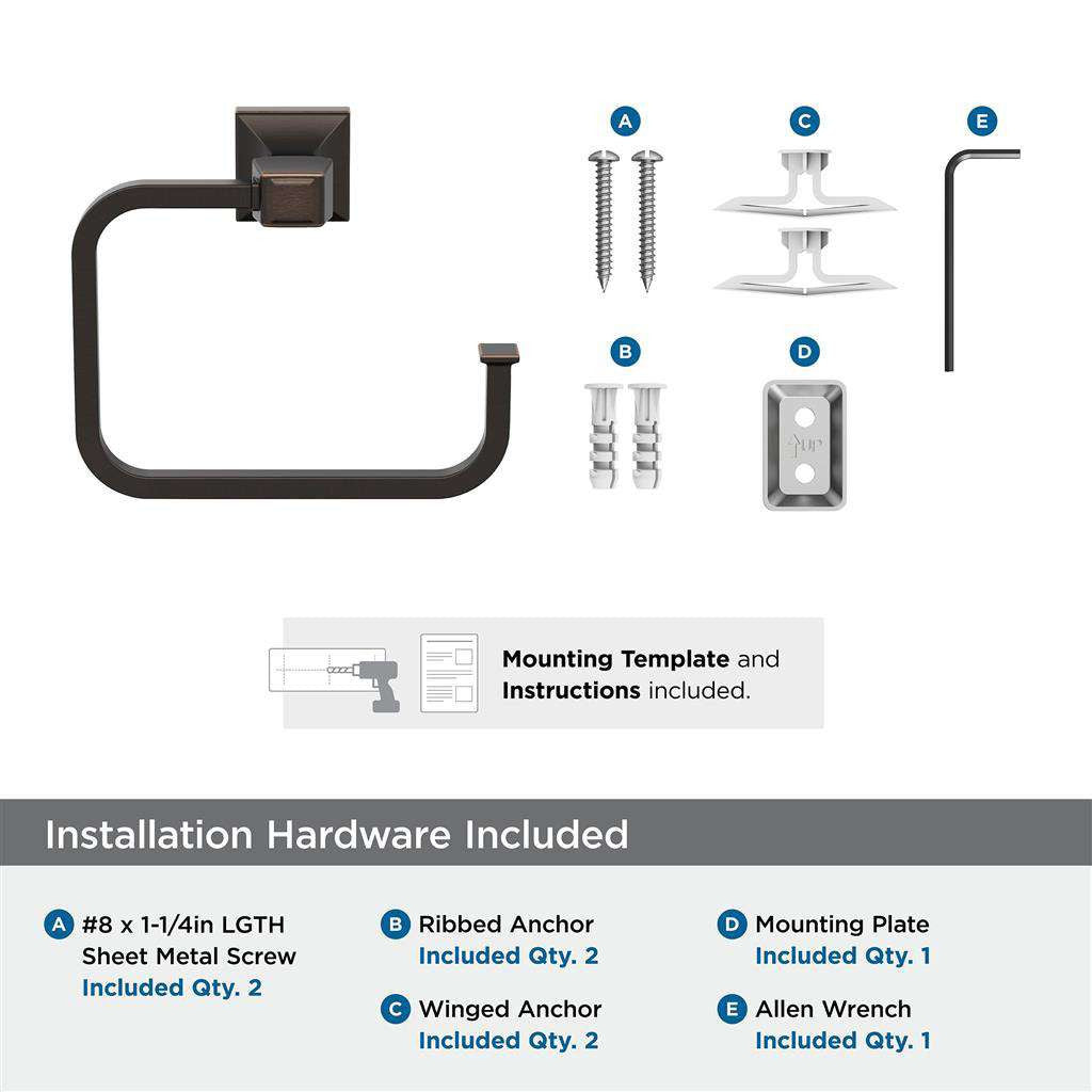 AMEROCK Mulholland 6-13/16" Long Hanging Towel Ring in Oil Rubbed Bronze BH36022ORB Installation Hardware