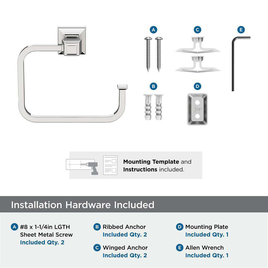 AMEROCK Mulholland 6-13/16" Long Hanging Towel Ring in Polished Chrome BH3602226 Installation Hardware