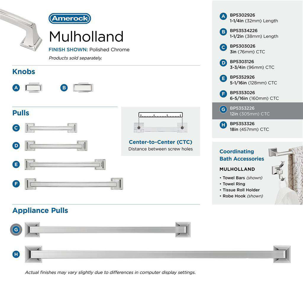 AMEROCK Mulholland Appliance Pulls in Polished Chrome 12" BP5353226 Collection