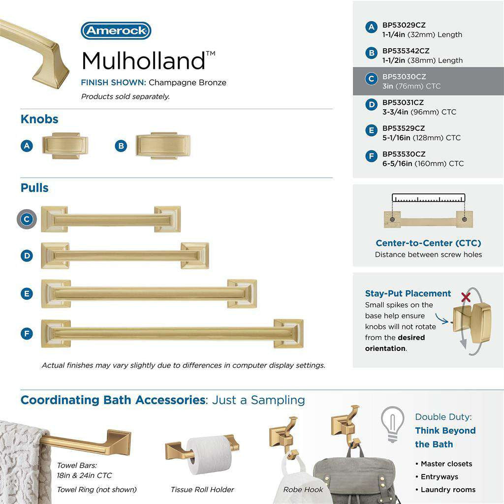 AMEROCK Mulholland Cabinet Handle Pull in Champagne Bronze 3" BP53030CZ Collection
