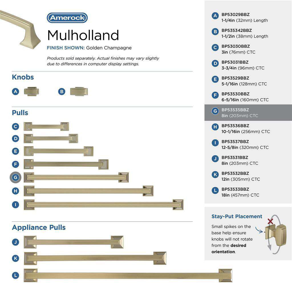 AMEROCK Mulholland Cabinet Handle Pull in Golden Champagne 203mm BP53535BBZ Collection