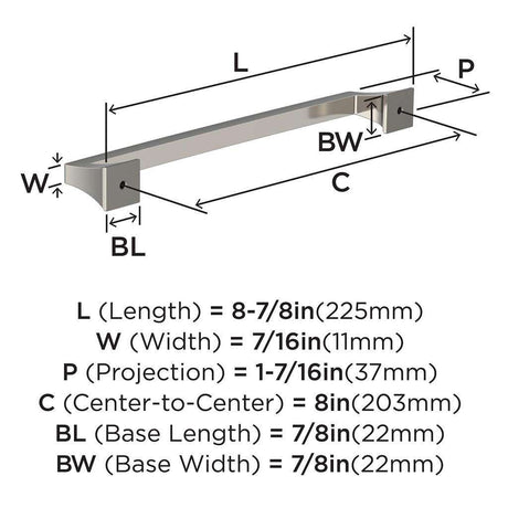 AMEROCK Mulholland Cabinet Handle Pull in Polished Nickel 203mm BP53535PN Specs