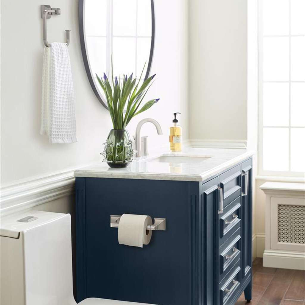 AMEROCK Mulholland Pivoting Toilet Paper Holder in Brushed Nickel BH36021G10 on Blue