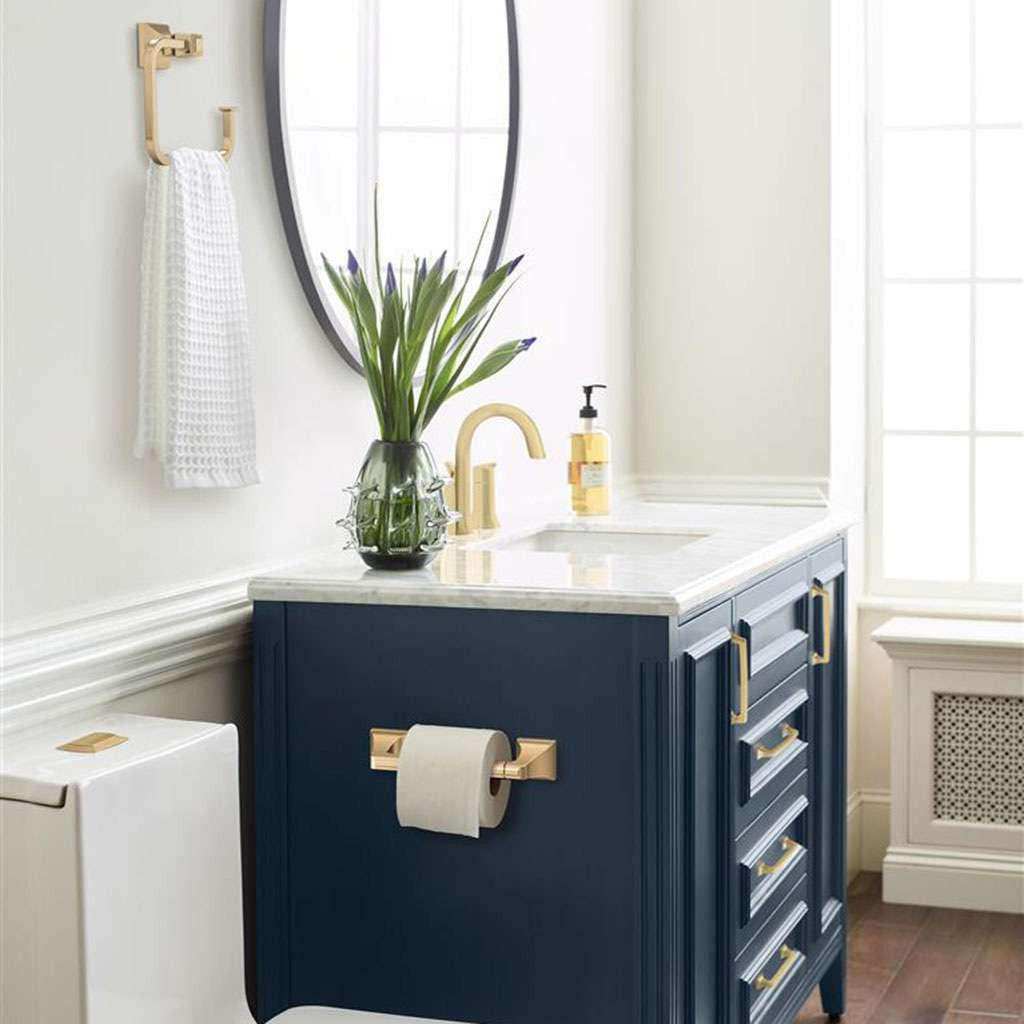 AMEROCK Mulholland Pivoting Toilet Paper Holder in Champagne Bronze BH36021CZ on Blue