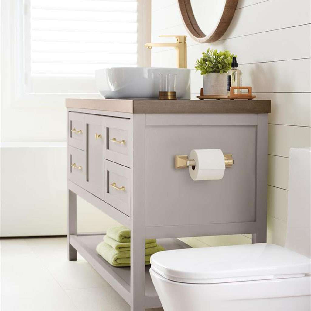 AMEROCK Mulholland Pivoting Toilet Paper Holder in Champagne Bronze BH36021CZ on Gray