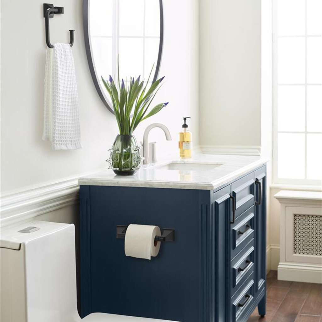 AMEROCK Mulholland Pivoting Toilet Paper Holder in Brushed Nickel BH36021MB on Blue