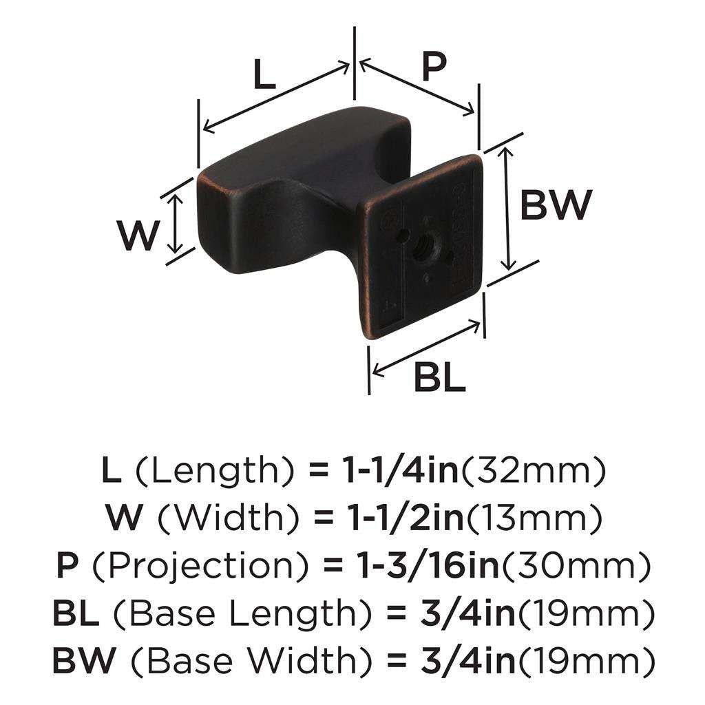 AMEROCK Mulholland Rectangle Cabinet Knob in Oil Rubbed Bronze 1-1/4" BP53029ORB Specs