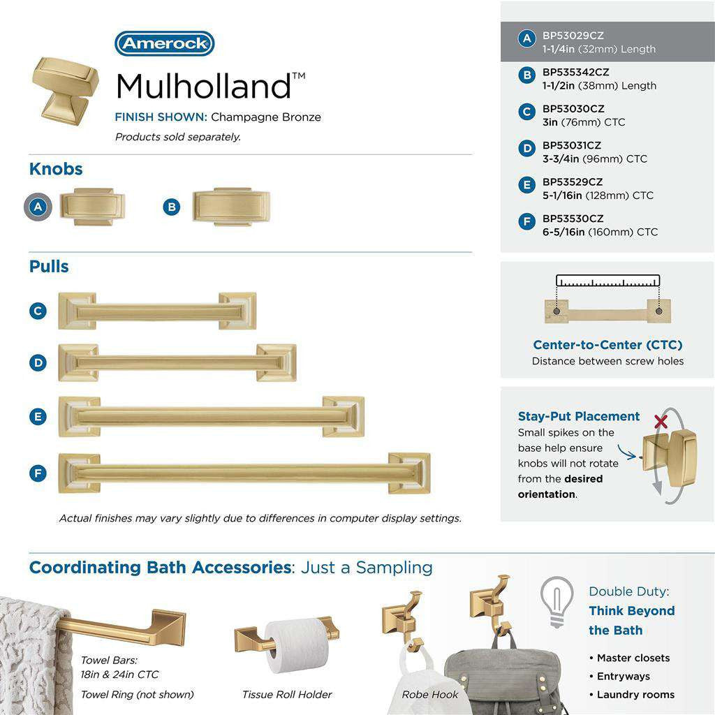 AMEROCK Mulholland Rectangle Cabinet Knob in Champagne Bronze 1-1/4" BP53029CZ Collection