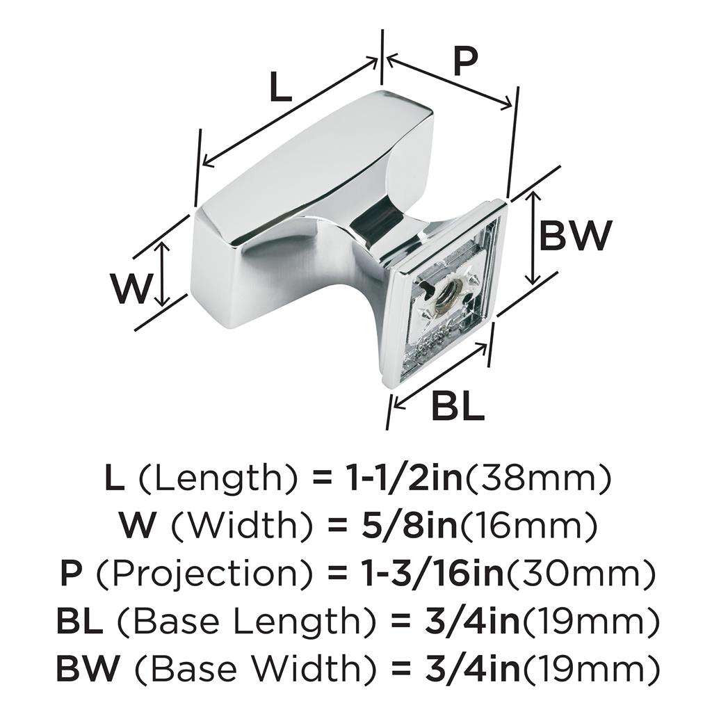 AMEROCK Mulholland Rectangle Cabinet Knob in Polished Chrome 1-1/2" BP53534226 Specs