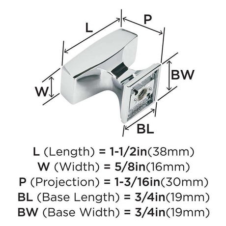 AMEROCK Mulholland Rectangle Cabinet Knob in Polished Chrome 1-1/2" BP53534226 Specs