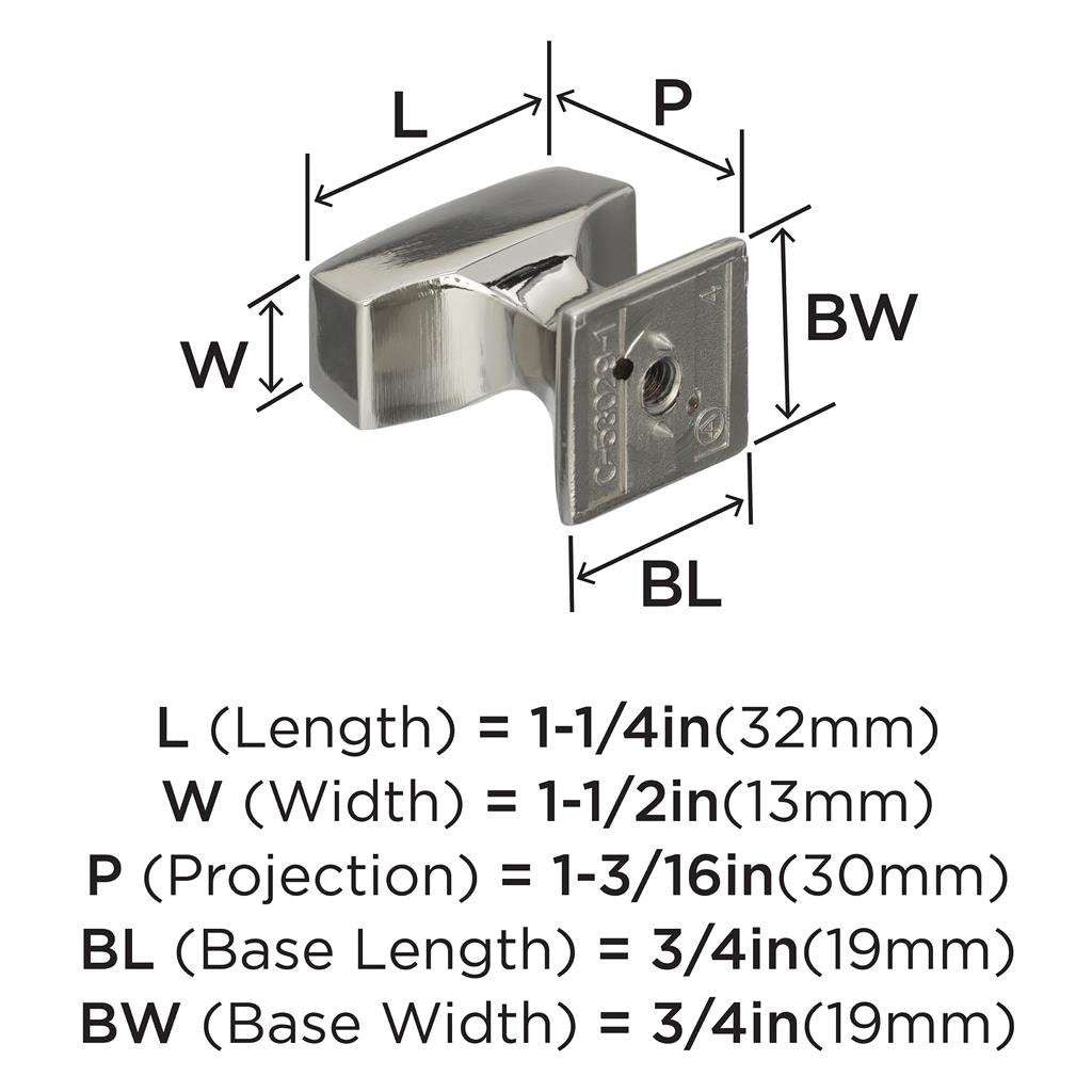 AMEROCK Mulholland Rectangle Cabinet Knob in Polished Nickel 1-1/4" BP53029PN Specs