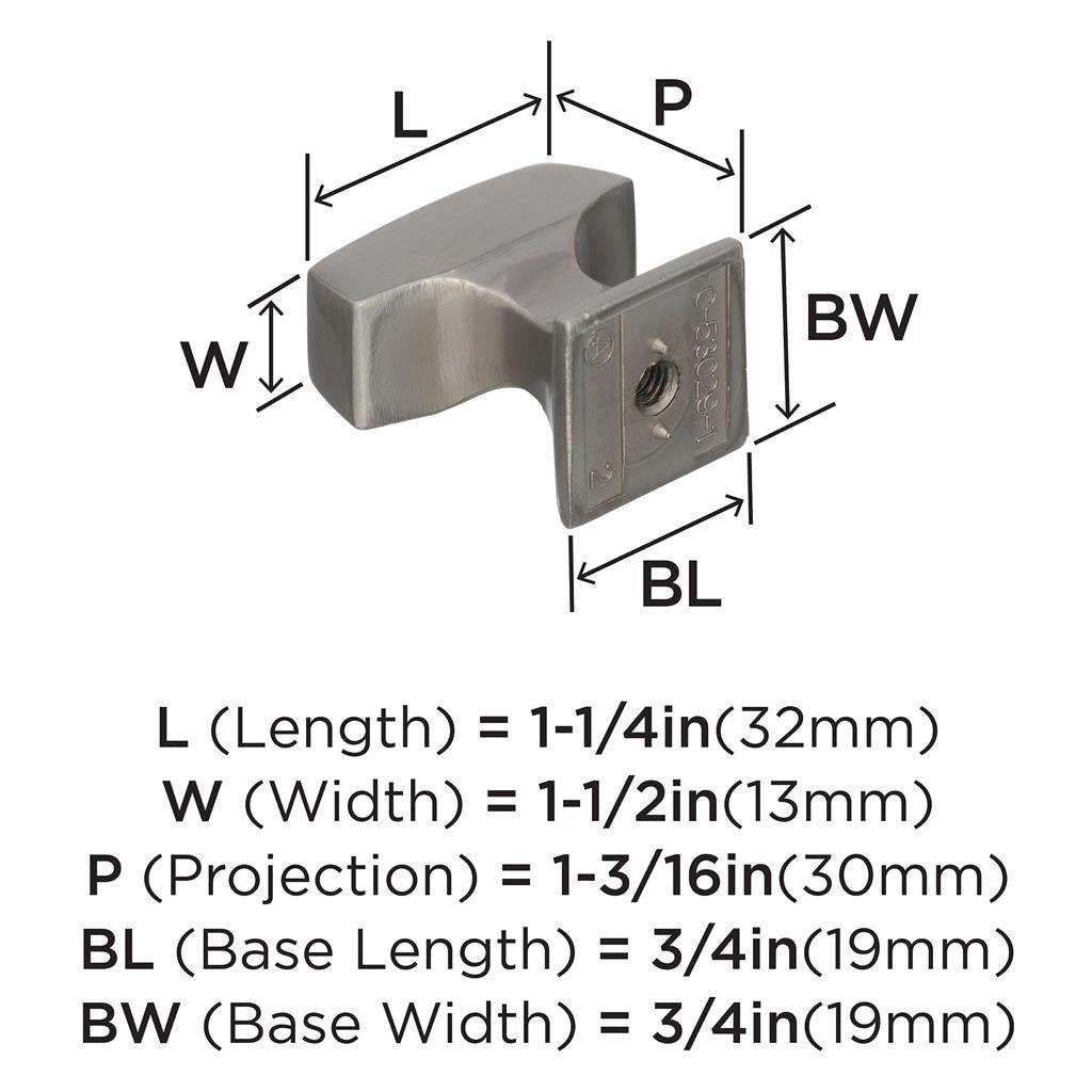 AMEROCK Mulholland Rectangle Cabinet Knob in Satin Nickel 1-1/4" BP53029G10 Specs