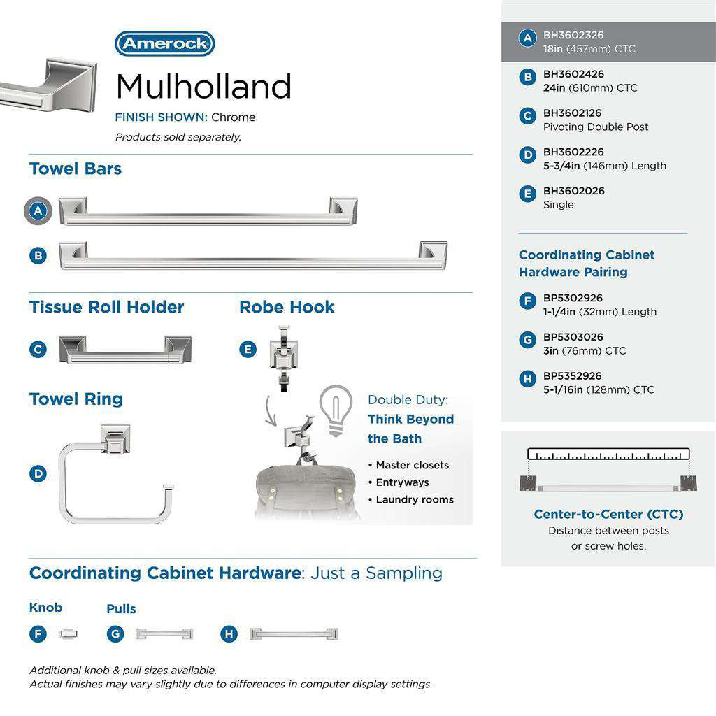 AMEROCK Mulholland Towel Bar in Polished Chrome 18" BH3602326 Collection