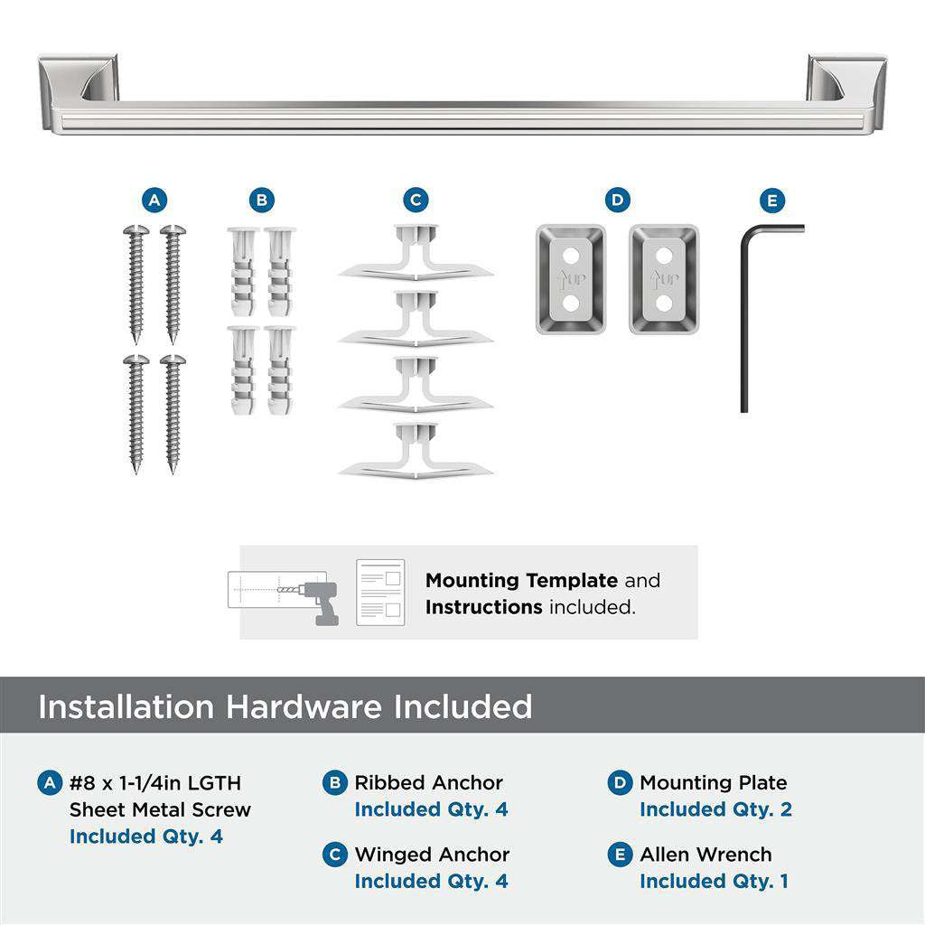 AMEROCK Mulholland Towel Bar in Polished Chrome 18" BH3602326 Installation Hardware