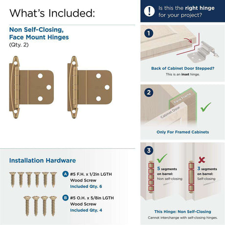 AMEROCK No Spring Face Mount 3/8" Inset Cabinet Hinge (pair) in Champagne Bronze BPR3417CZ What's Included