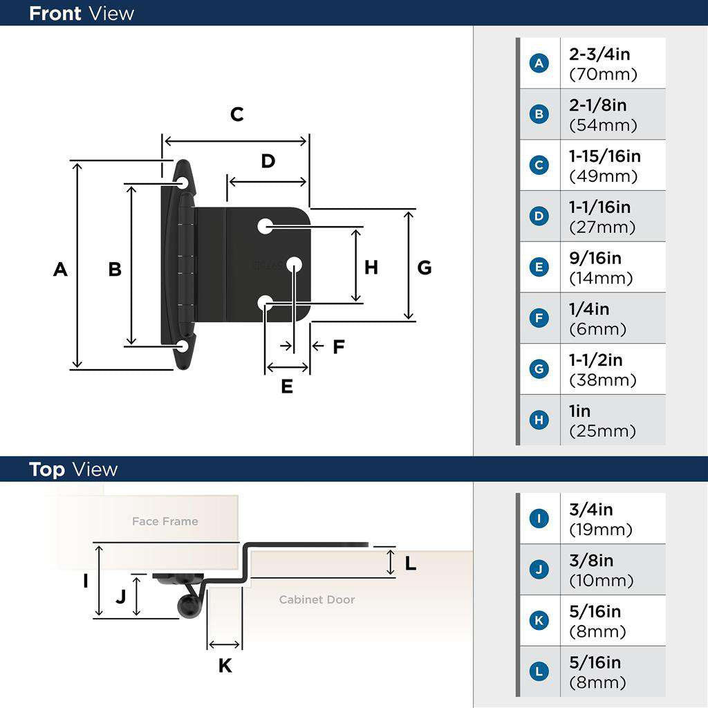 AMEROCK No Spring Face Mount 3/8" Inset Cabinet Hinge (pair) in Flat Black BPR3417FB Specs
