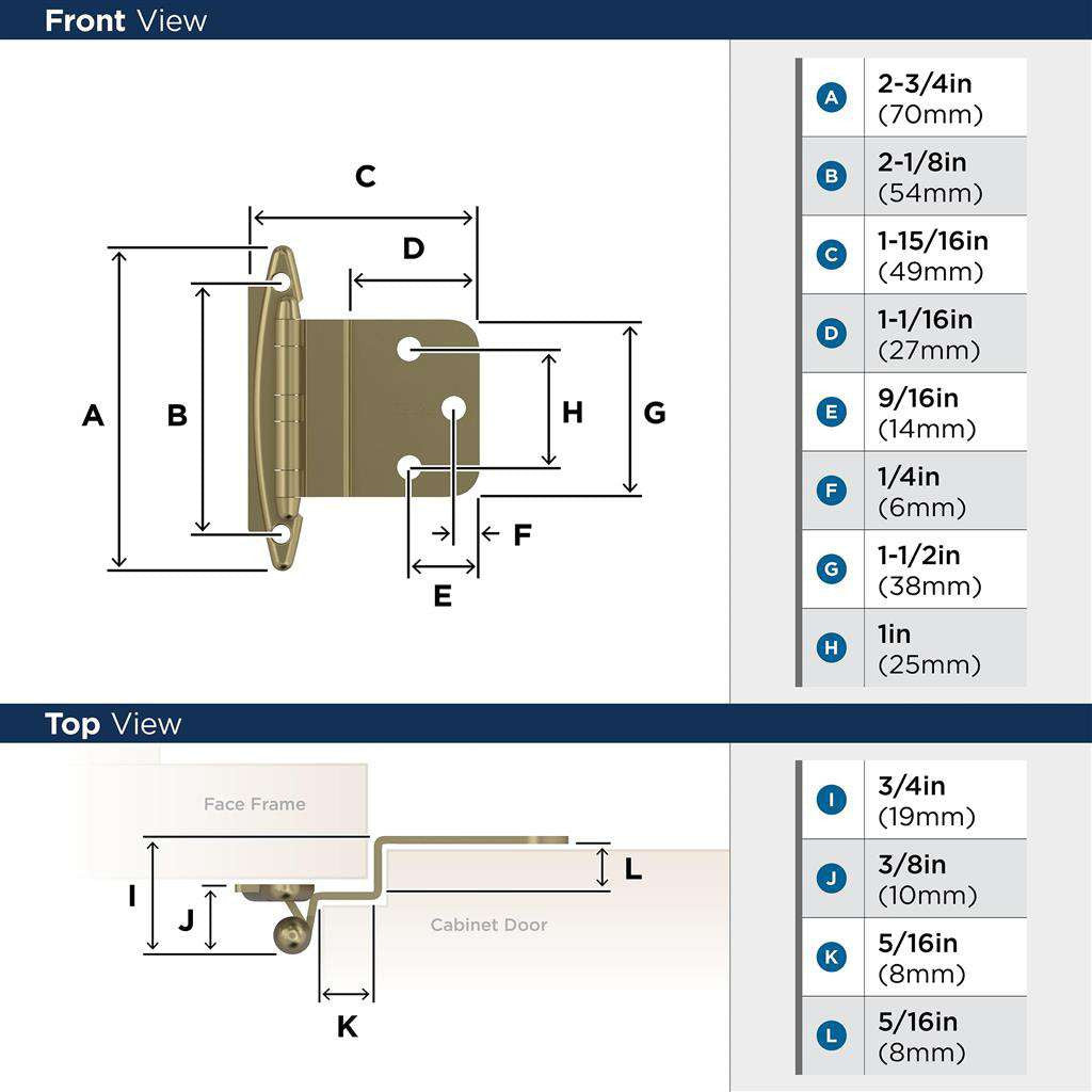 AMEROCK No Spring Face Mount 3/8" Inset Cabinet Hinge (pair) in Golden Champagne BPR3417BBZ Specs
