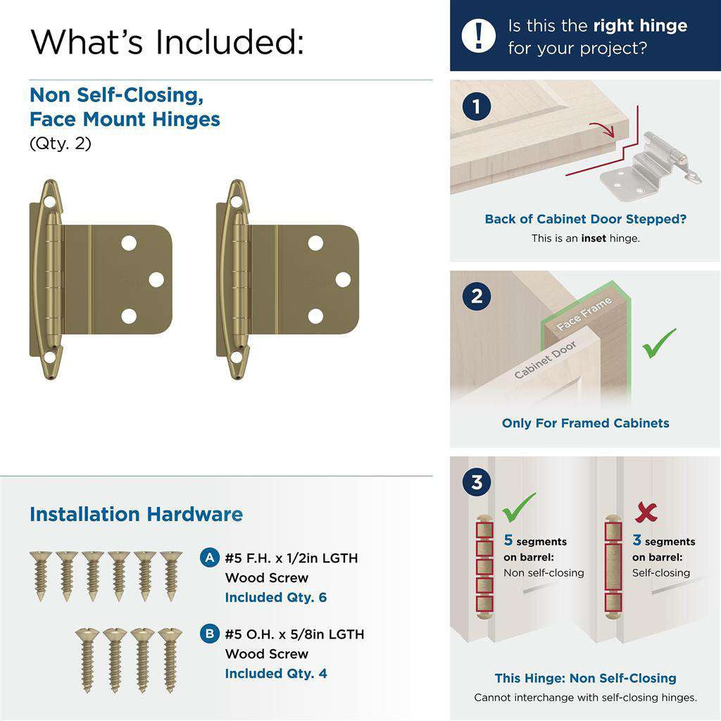 AMEROCK No Spring Face Mount 3/8" Inset Cabinet Hinge (pair) in Golden Champagne BPR3417BBZ What's Included