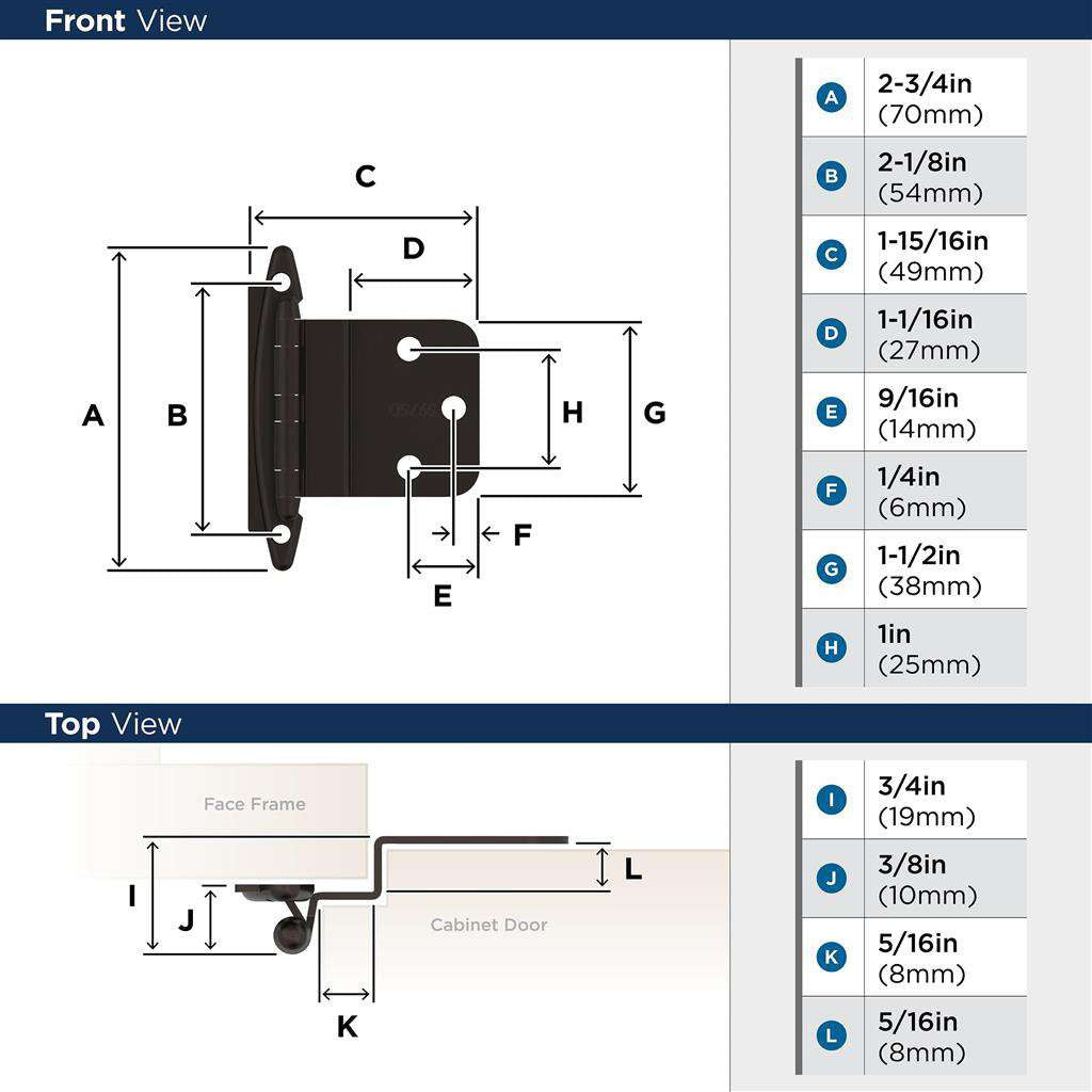 Amerock No Spring Face Mount 3/8" Inset Cabinet Hinge (pair) in Oil Rubbed Bronze BPR3417ORB Specs