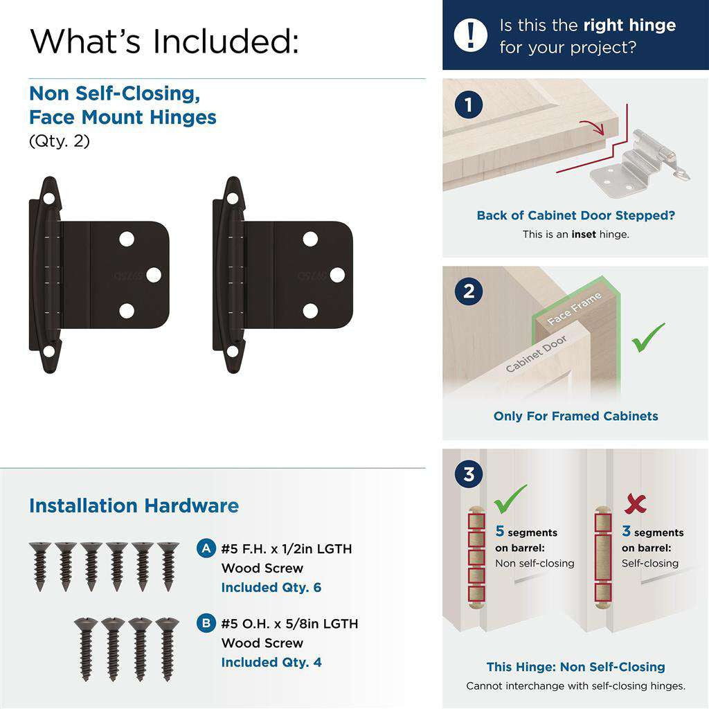 Amerock No Spring Face Mount 3/8" Inset Cabinet Hinge (pair) in Oil Rubbed Bronze BPR3417ORB What's Included