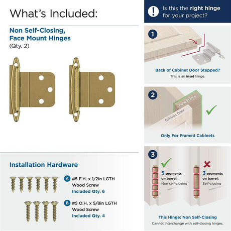 AMEROCK No Spring Face Mount 3/8" Inset Cabinet Hinge (pair) in Polished Brass BPR34173 What's Included