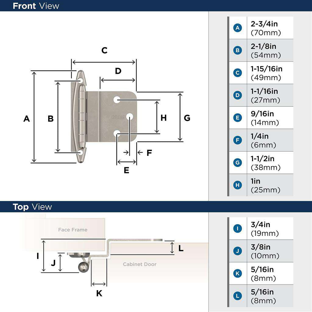 Amerock No Spring Face Mount 3/8" Inset Cabinet Hinge (pair) in Satin Nickel BPR3417G10 Specs