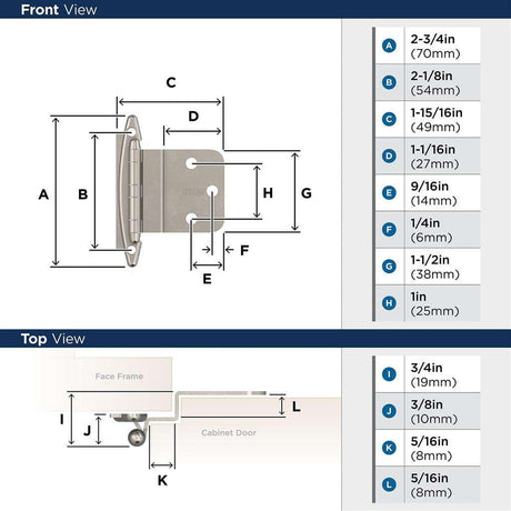 Amerock No Spring Face Mount 3/8" Inset Cabinet Hinge (pair) in Satin Nickel BPR3417G10 Specs