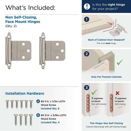 Amerock No Spring Face Mount 3/8" Inset Cabinet Hinge (pair) in Satin Nickel BPR3417G10 What's Included