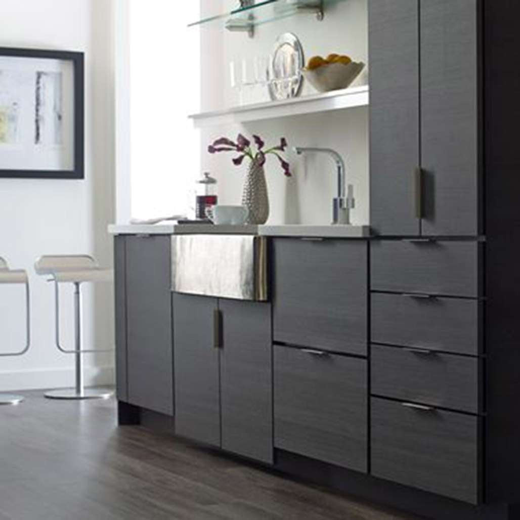 Amerock Polished Nickel Edge Cabinet Pulls in Dark Kitchen
