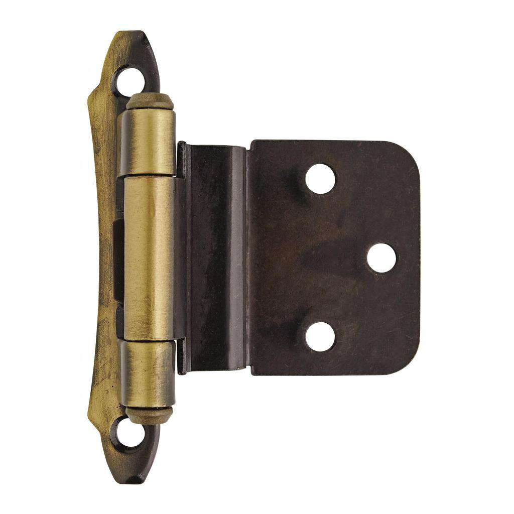 AMEROCK Scalloped Edge Self Closing Face Mount 3/8" Inset Cabinet Hinge (pair) in Antique Brass BPR7928AE Front View