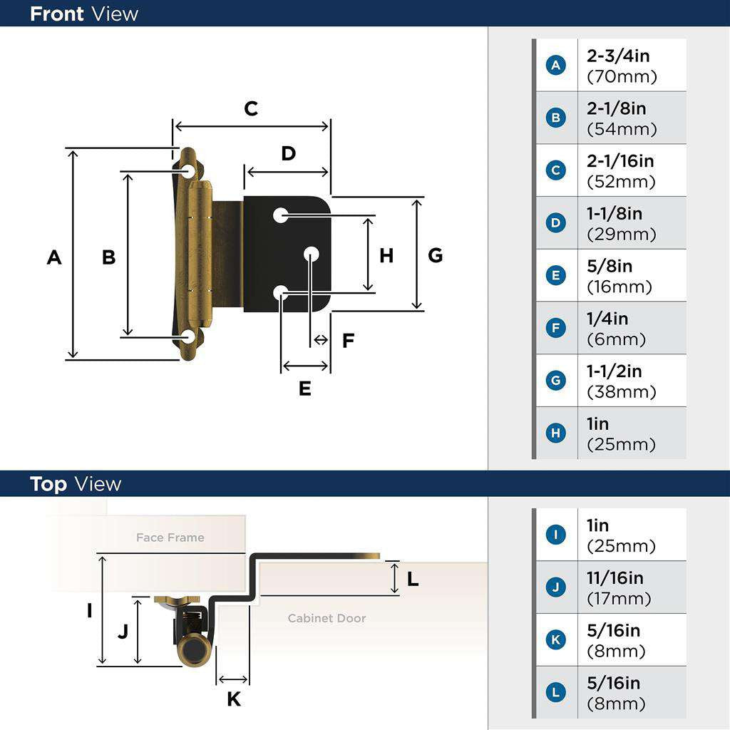 AMEROCK Scalloped Edge Self Closing Face Mount 3/8" Inset Cabinet Hinge (pair) in Antique Brass BPR7928AE Specs