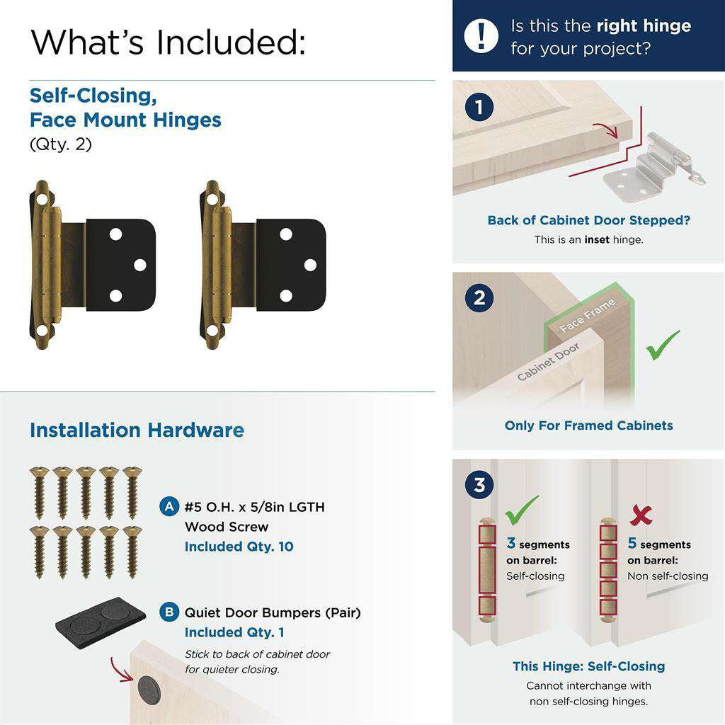 AMEROCK Scalloped Edge Self Closing Face Mount 3/8" Inset Cabinet Hinge (pair) in Antique Brass BPR7928AE What's Included