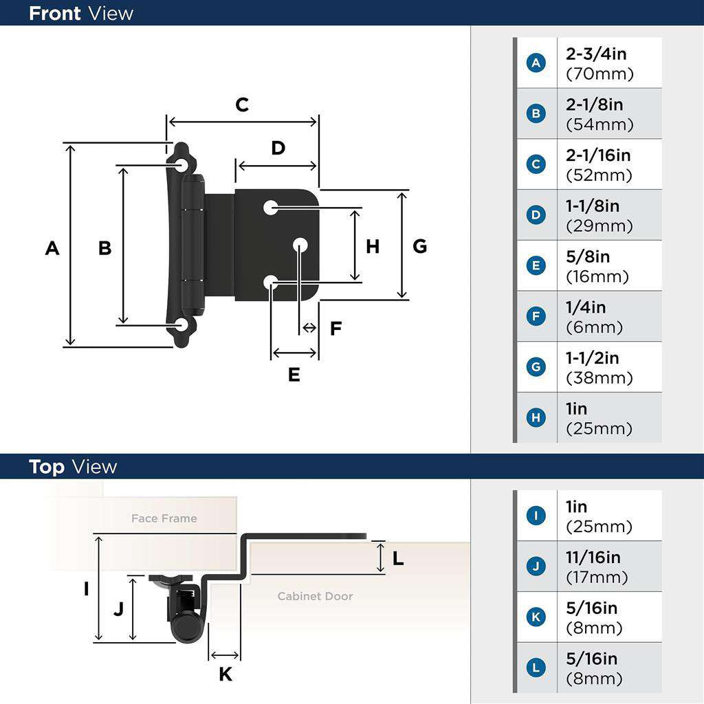 AMEROCK Scalloped Edge Self Closing Face Mount 3/8" Inset Cabinet Hinge (pair) in Flat Black BPR7928FB Specs