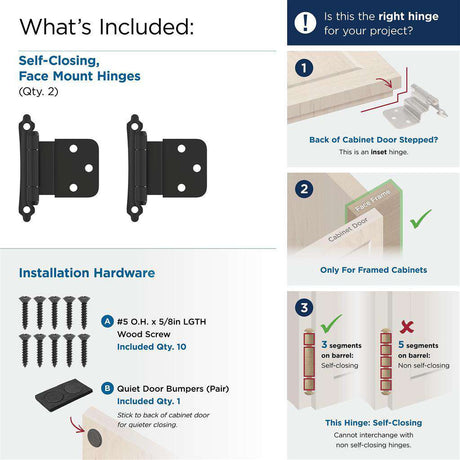 AMEROCK Scalloped Edge Self Closing Face Mount 3/8" Inset Cabinet Hinge (pair) in Flat Black BPR7928FB What's Included