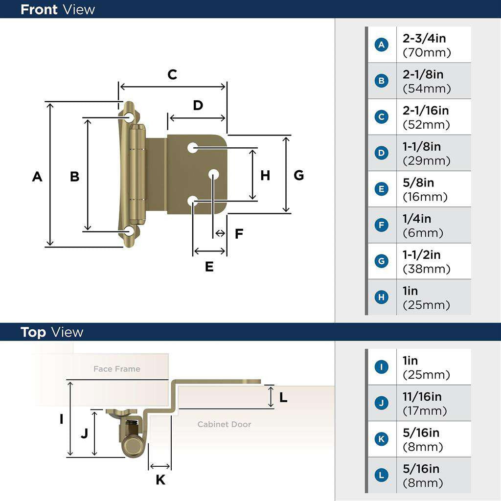 AMEROCK Scalloped Edge Self Closing Face Mount 3/8" Inset Cabinet Hinge (pair) in Golden Champagne BPR7928BBZ Specs