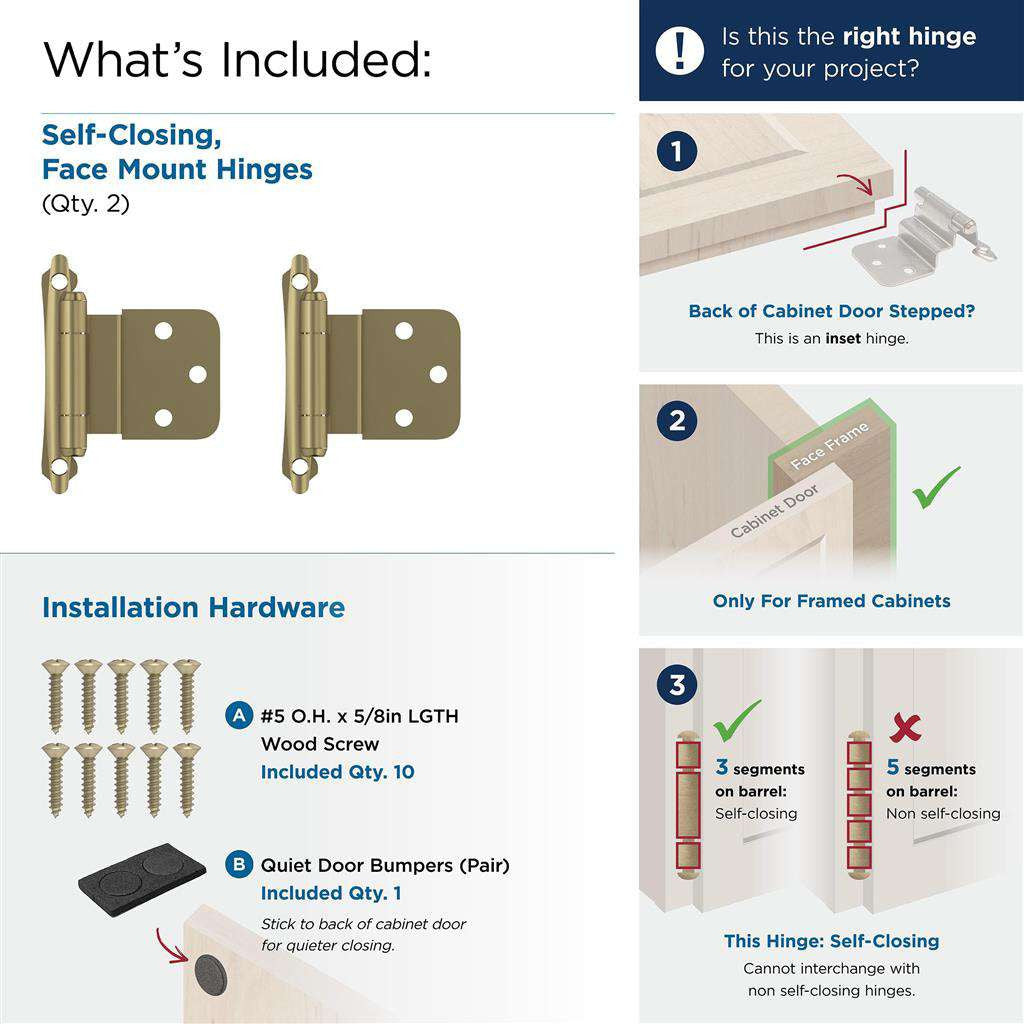 AMEROCK Scalloped Edge Self Closing Face Mount 3/8" Inset Cabinet Hinge (pair) in Golden Champagne BPR7928BBZ What's Included
