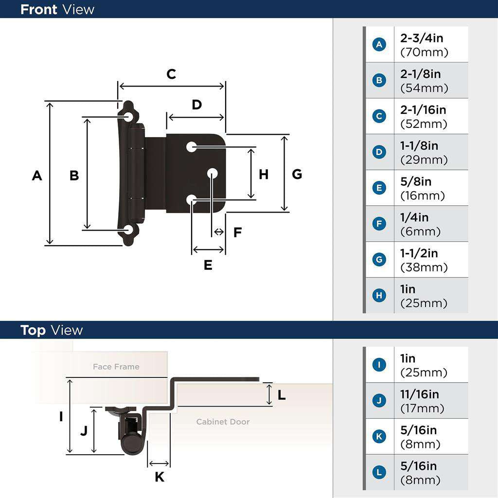 AMEROCK Scalloped Edge Self Closing Face Mount 3/8" Inset Cabinet Hinge (pair) in Oil Rubbed Bronze BPR7928ORB Specs