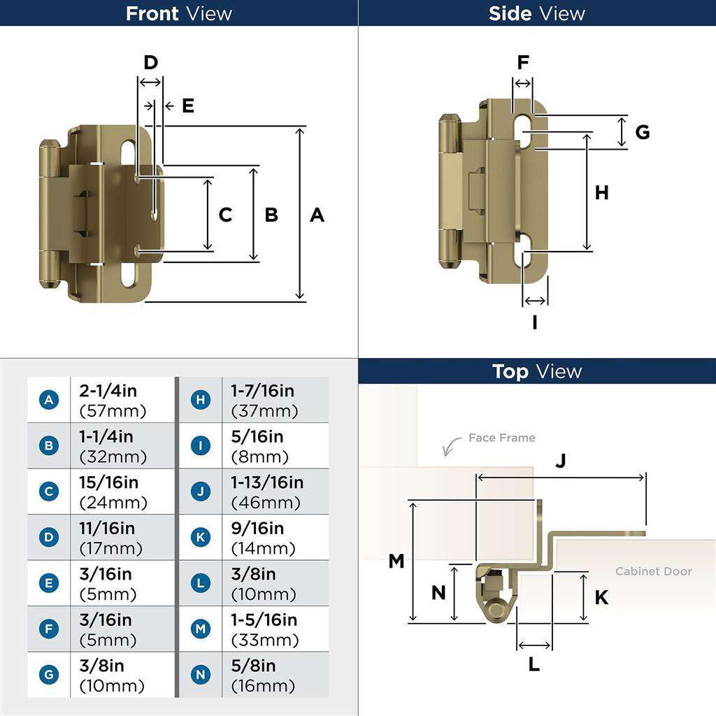 AMEROCK Self Closing 3/8" Inset Partial Wrap Cabinet Hinge (pair) in Golden Champagne BPR7565BBZ Specs