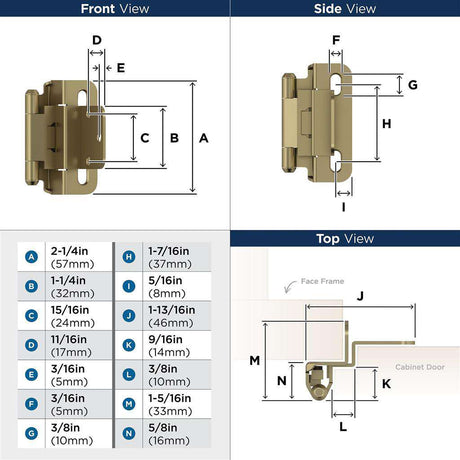 AMEROCK Self Closing 3/8" Inset Partial Wrap Cabinet Hinge (pair) in Golden Champagne BPR7565BBZ Specs
